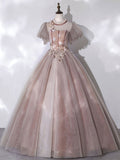 Pink tulle lace long prom dress pink lace prom gown HZ1024