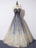 Blue tulle lace long prom dress blue tulle formal dress HZ1024