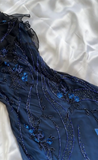 Elegant A Line Spaghetti Straps Navy Blue Chiffon Beads Long Prom Dresses Formal Dress HZ1024