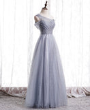Gray one shoulder tulle long prom dress gray tulle evening dress HZ1024