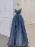 Gray blue tulle sequin beads long prom dress, blue evening dress HZ1024
