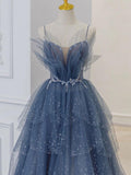 Gray blue tulle sequin beads long prom dress, blue evening dress HZ1024