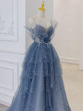 Gray blue tulle sequin beads long prom dress, blue evening dress HZ1024