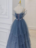 Gray blue tulle sequin beads long prom dress, blue evening dress HZ1024