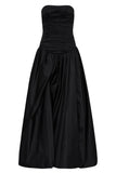 Pretty Ball Gown Strapless Black Satin Long Prom Dresses With Ruffles Evening Dress HZ1024