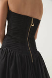 Pretty Ball Gown Strapless Black Satin Long Prom Dresses With Ruffles Evening Dress HZ1024