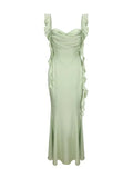 Simple Sheath Straps Sage Green Long Prom Dresses Evening Dress With Ruffles HZ1024