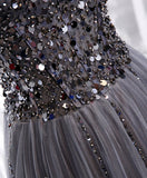 Gray sweetheart neck tulle sequin beads long prom dress HZ1024