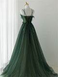Ball Gown Spaghetti Straps Floor Length Dark Green Long Prom Dresses HZ1024