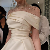 Elegant A-Line Evening Gown Elegant Dress Formal Floor Length Short Sleeve Illusion Neck Satin with Ruched Beading Prom Dress HZ1024