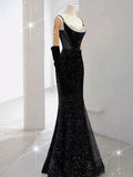 Elegant Mermaid Spaghetti Straps Black Sequin Long Prom Dresses Party Dress With Beads HZ1024