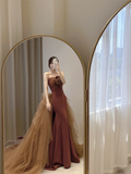 Simple Mermaid Strapless Brown Floor Length Prom Dress HZ1024