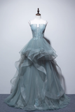 Simple A line Spaghetti Straps Grey Blue Floor Length Prom Dresses HZ1024