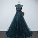 Sparkly A line High Neckline Floor Length Tulle Green Prom Dresses HZ1024