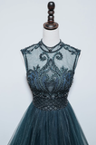 Sparkly A line High Neckline Floor Length Tulle Green Prom Dresses HZ1024