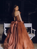 Ball Gown Strapless Floor Length Brown Long Prom Dresses HZ1024
