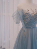 A line Straplesss Floor Length Tulle Blue Long Prom Dresses HZ1024