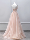 Simple A line Straps Floor Length Tulle Pink Long Prom Dresses HZ1024