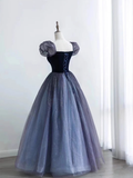 Princess Ball Gown Floor Length Short Sleeves Tulle Prom Dress HZ1024