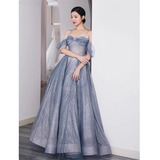 Cute A line Off The Shoulder Blue Tulle Prom Dress HZ1024