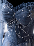 Cute A line Long Sleeves Blue Tulle Prom Dress HZ1024