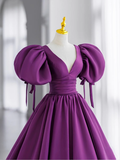 Ball Gown Short Sleeves Grape Satin Long Prom Dresses HZ1024