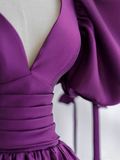 Ball Gown Short Sleeves Grape Satin Long Prom Dresses HZ1024