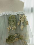 Ball Gown Short Sleeves Tulle Green Long Prom Dresses HZ1024