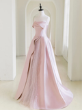 A-Line Satin Tulle Pink Long Prom Dress With Pearls HZ1024