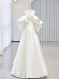 A-Line Sweetheart Neck Satin White Long Wedding Dresses HZ1024