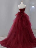 Simple Mermaid Tulle Velvet Burgundy Long Prom Dress HZ1024