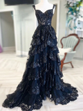 Cute A-Line Sweetheart Neck Tulle Sequin Black Long Prom Dress HZ1024