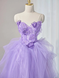 Cute Purple Sweetheart Neck Tulle Applique Long Prom Dress HZ1024