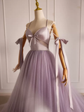 A-Line V Neck Tulle Beads Lilac Long Prom Dress HZ1024
