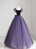 A-Line Puff sleeves Tulle Velvet Purple Long Prom Dress HZ1024