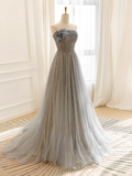 A Line Gray Tulle Sequin Long Prom Dress HZ1024