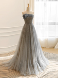 A Line Gray Tulle Sequin Long Prom Dress HZ1024