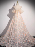 A-Line Off Shoulder Lace Tulle Long Prom Dress HZ1024