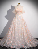 A-Line Off Shoulder Lace Tulle Long Prom Dress HZ1024