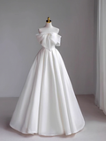 Simple A-Line Off The Shoulder Satin White Long Wedding Dresses HZ1024