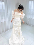 Vintage Mermaid Short Sleeves White Long Wedding Dresses HZ1024