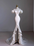 Vintage Mermaid Off the Shoulder Short Sleeves White Satin Wedding Dresses HZ1024