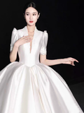 Vintage Ball Gown V neckline White Satin Long Wedding Dresses HZ1024
