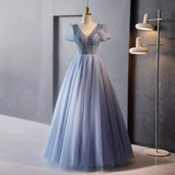 A line V Neckline Short Sleeves Long Blue Prom Dress HZ1024