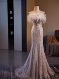Mermaid Strapless Sequin Long Feather Prom Dress HZ1024