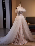 Mermaid Strapless Sequin Long Feather Prom Dress HZ1024
