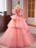 Vintage Ball Gown Short Sleeves Pink Flowers Sweet 16 Dresses HZ1024