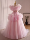 Vintage Ball Gown Short Sleeves Pink Tulle Sweet 16 Dresses HZ1024