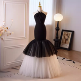 Modest Mermaid Halter Long Tulle Black Prom Dress HZ1024