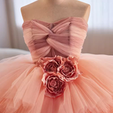 Vintage Ball Gown Strapless Pink Tulle Ruffles Sweet 16 Dresses HZ1024